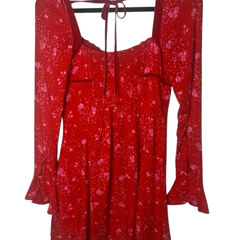 🔆 Free People Tess Floral Velvet Trim Long Sleeve Mini Dress, X-Small